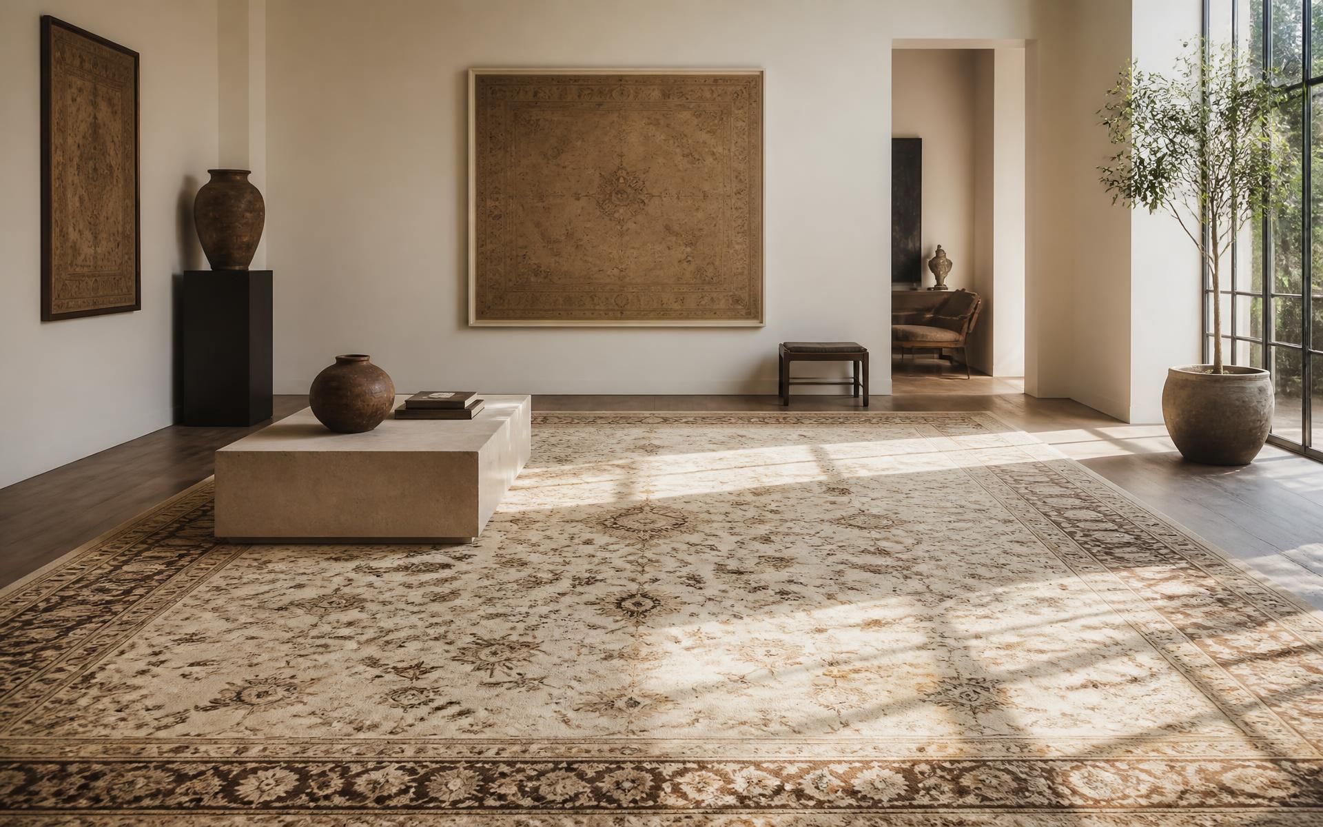 Hand-knotted ivory and brown oriental rug in a sunlit minimal interior