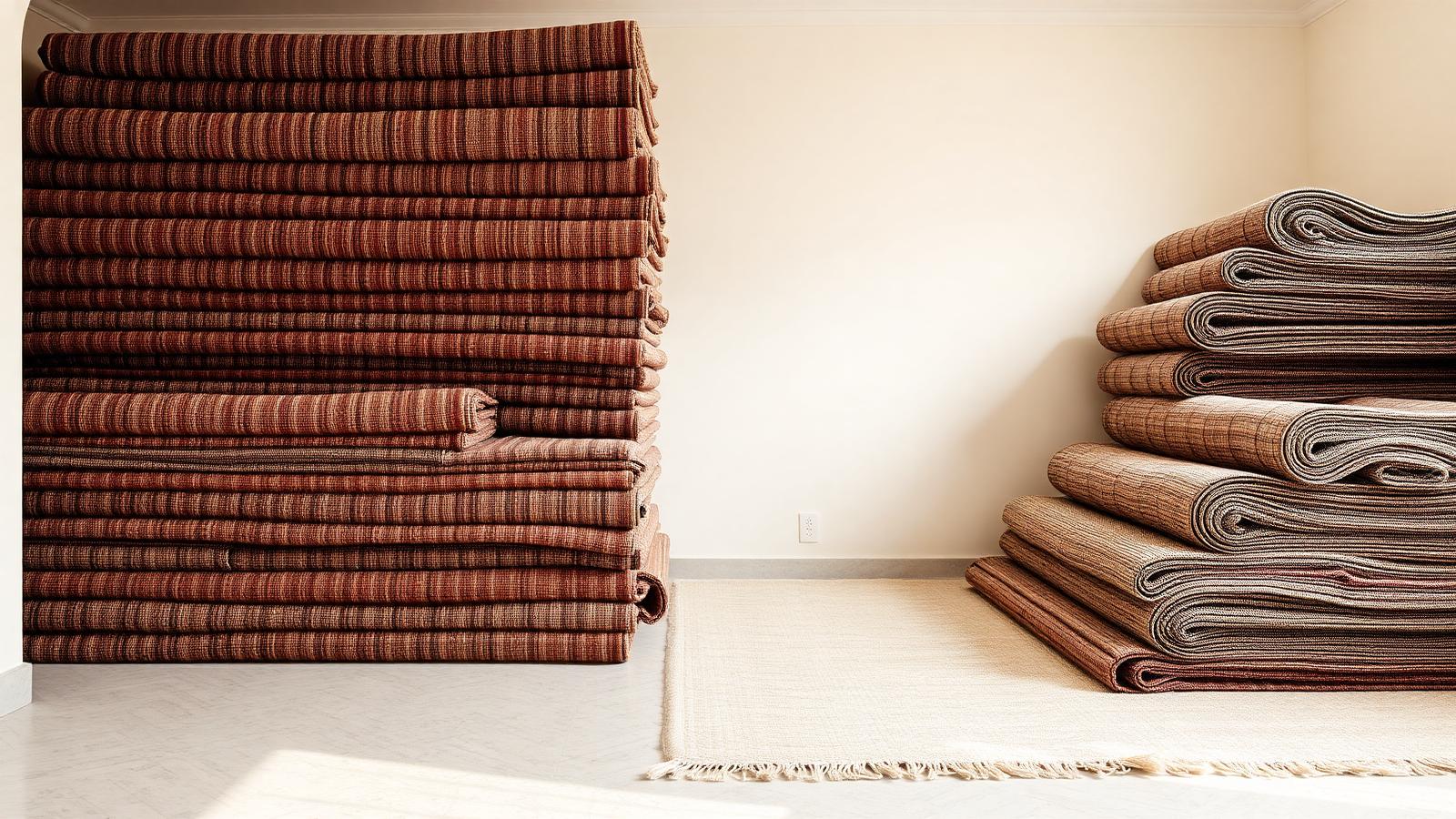 Finished handmade rugs stacked in an ivory showroom