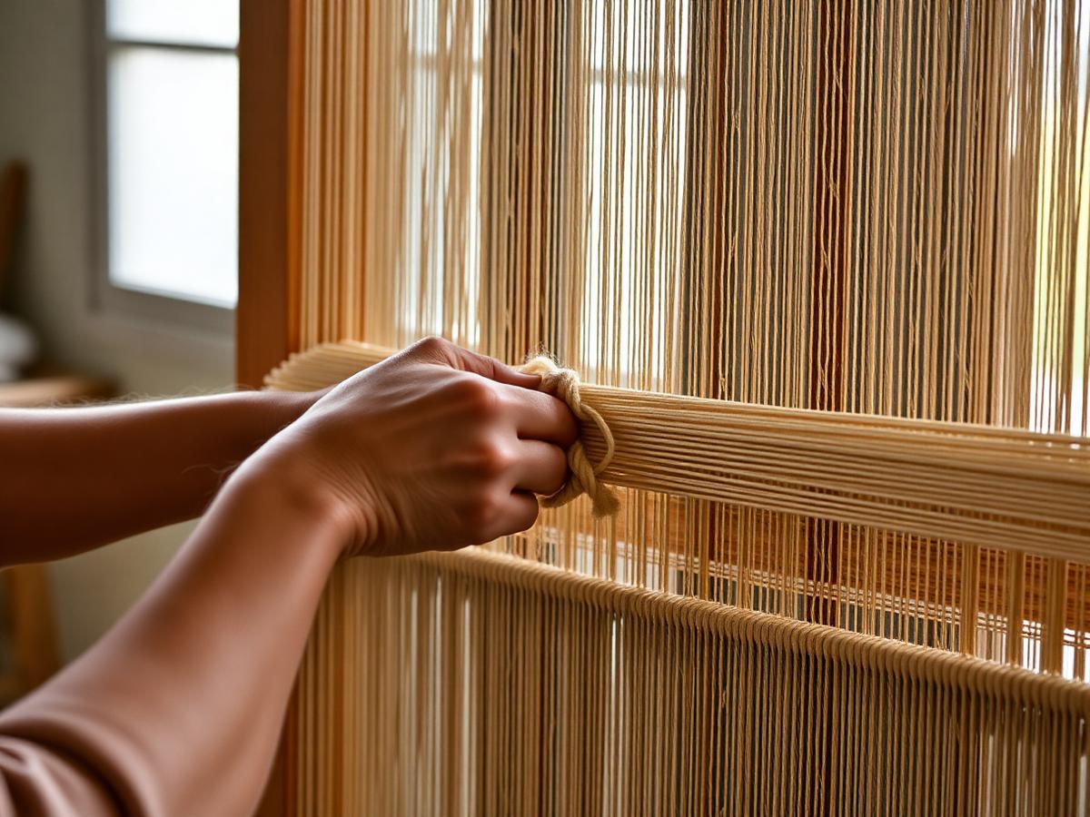 Weaver's hands knotting wool on a vertical loom